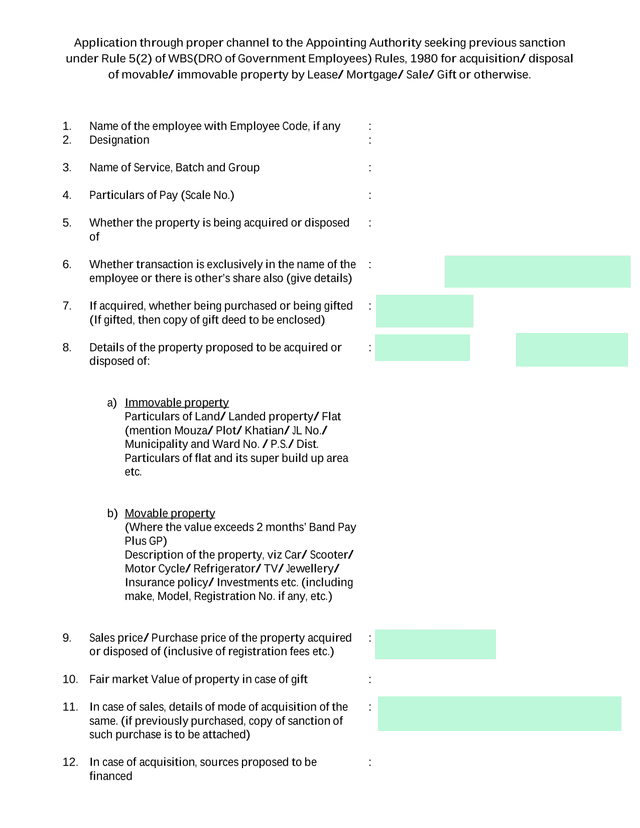 Application For Previous Sanction Under Rule 5(2) Of WBS(DRO Of Government Employees) Rules, 1980 screenshot