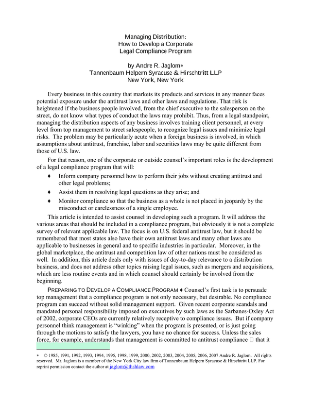 Managing Distribution How To Develop A Corporate Legal Compliance Program screenshot