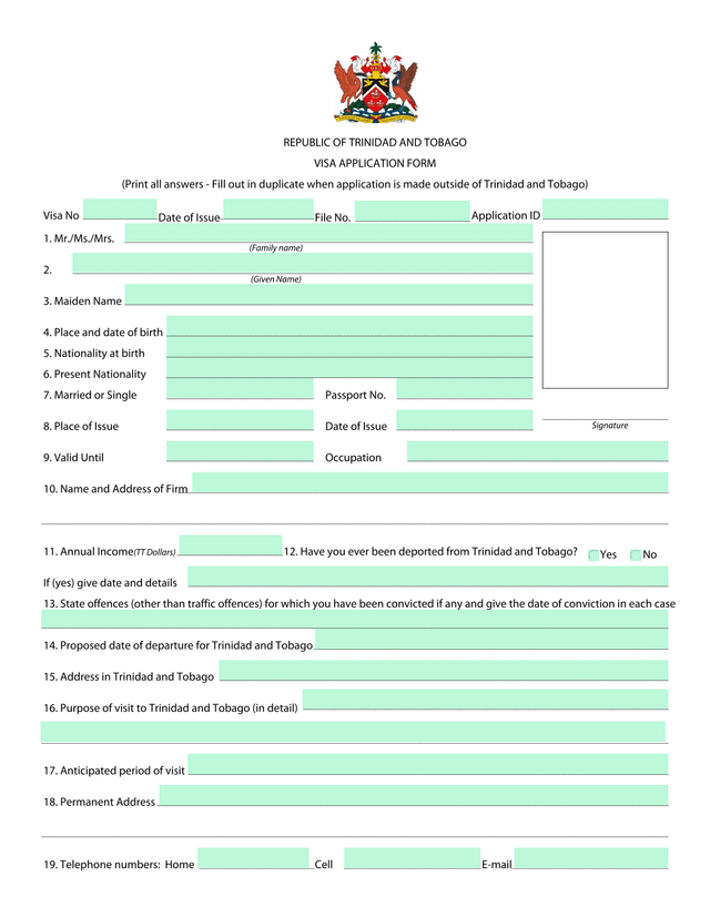 Republic Of Trinidad And Tobago Visa Application Form screenshot