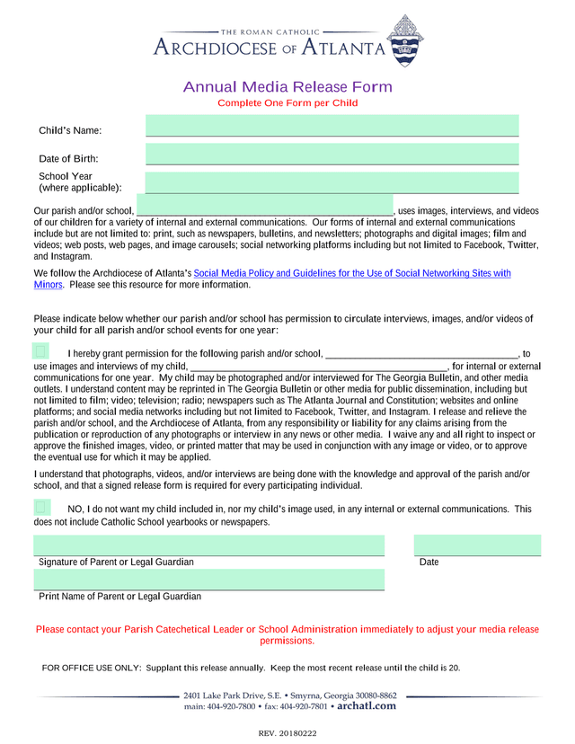 Annual Media Release Form screenshot