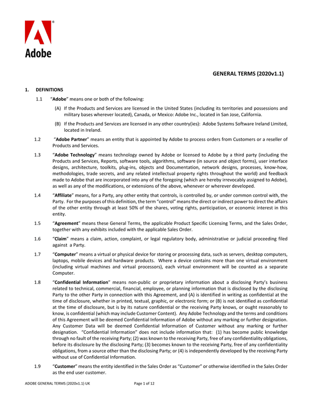 Adobe General Terms (2020v1.1) UK screenshot