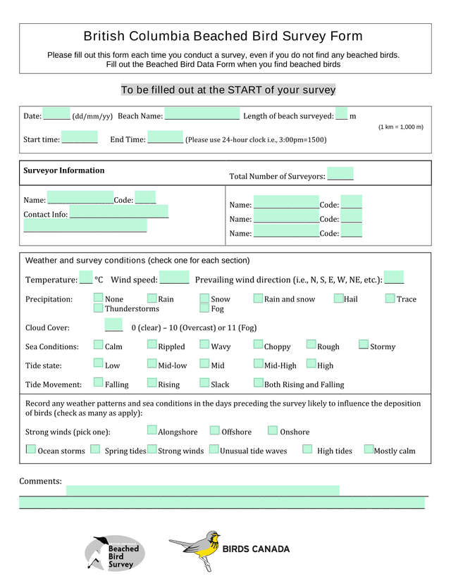 British Columbia Beached Bird Survey Form screenshot
