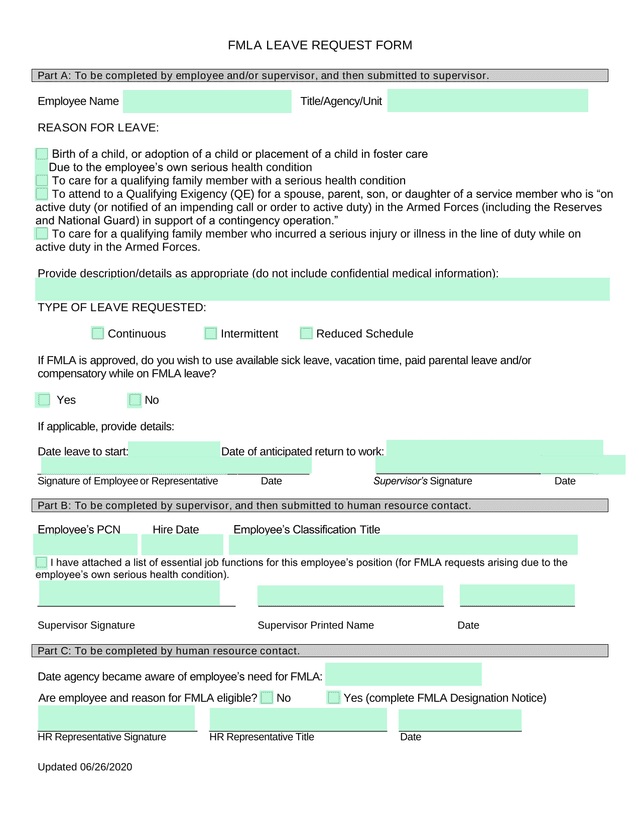 FMLA LEAVE REQUEST FORM screenshot