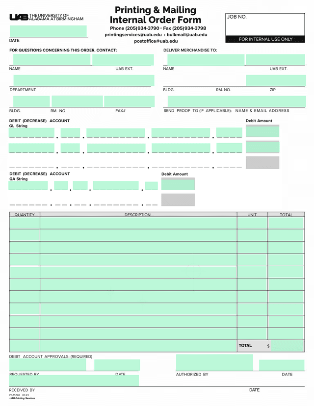 Printing  Mailing Internal Order Form screenshot