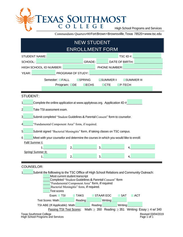 NEW STUDENT ENROLLMENT FORM screenshot