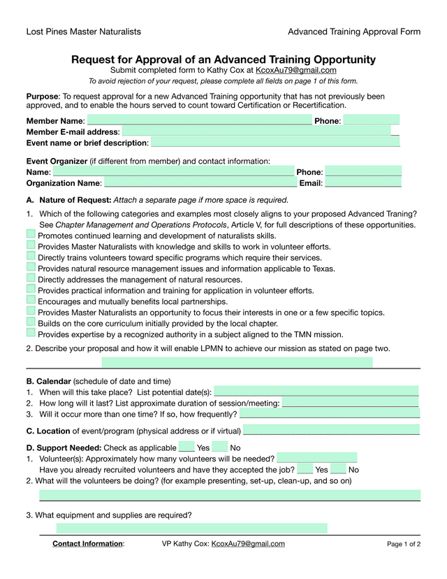 Lost Pines Master Naturalists Advanced Training Approval Form screenshot