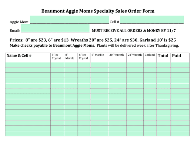 Beaumont Aggie Moms Specialty Sales Order Form screenshot