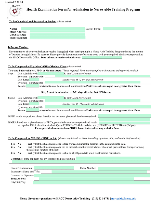 Health Examination Form For Admission To Nurse Aide Training Program screenshot