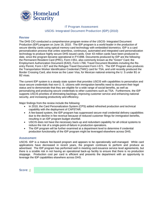 IT Program Assessment USCIS  Integrated Document Production (IDP) screenshot