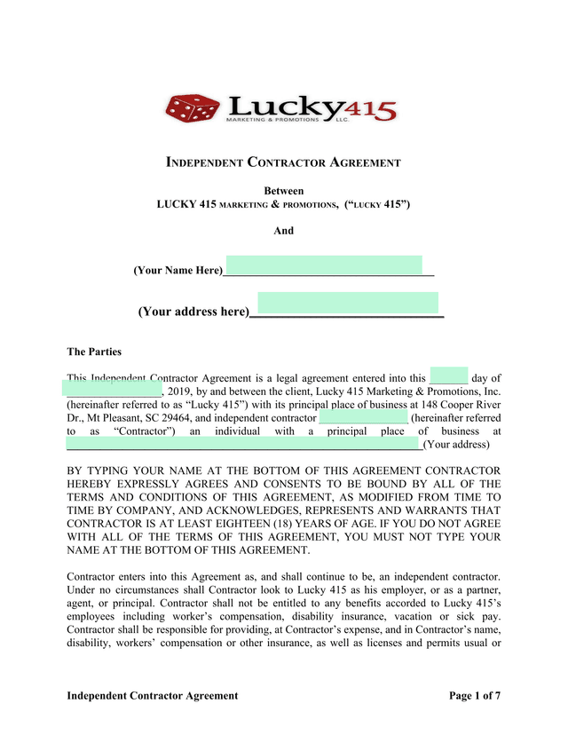 Independent Contractor Agreement screenshot
