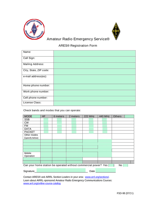 Amateur Radio Emergency Service ARES Registration Form screenshot