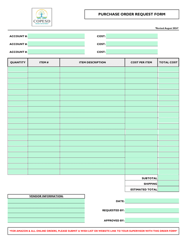 Purchase Order Request Form screenshot