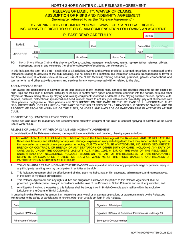 North Shore Winter Club Release Agreement screenshot