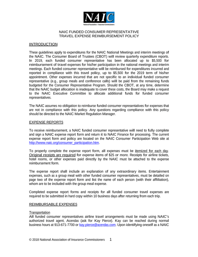 NAIC Funded Consumer Representative Travel Expense Reimbursement Policy screenshot