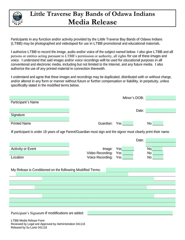 LTBB Media Release Form screenshot