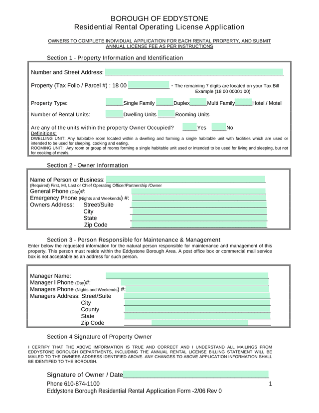 Residential Rental Operating License Application screenshot
