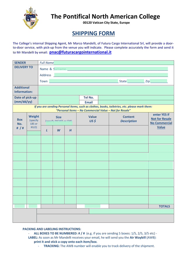 Shipping Form screenshot