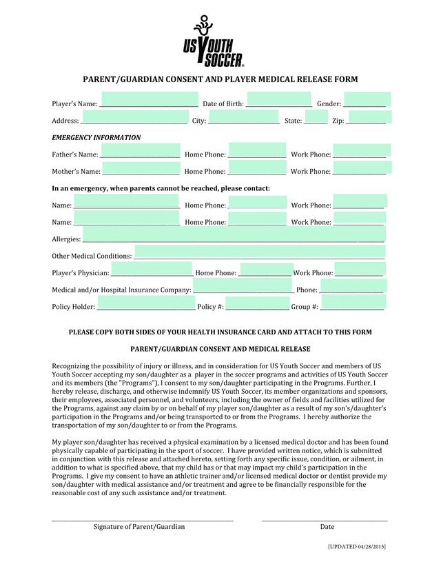 PARENTGUARDIAN CONSENT AND PLAYER MEDICAL RELEASE FORM screenshot
