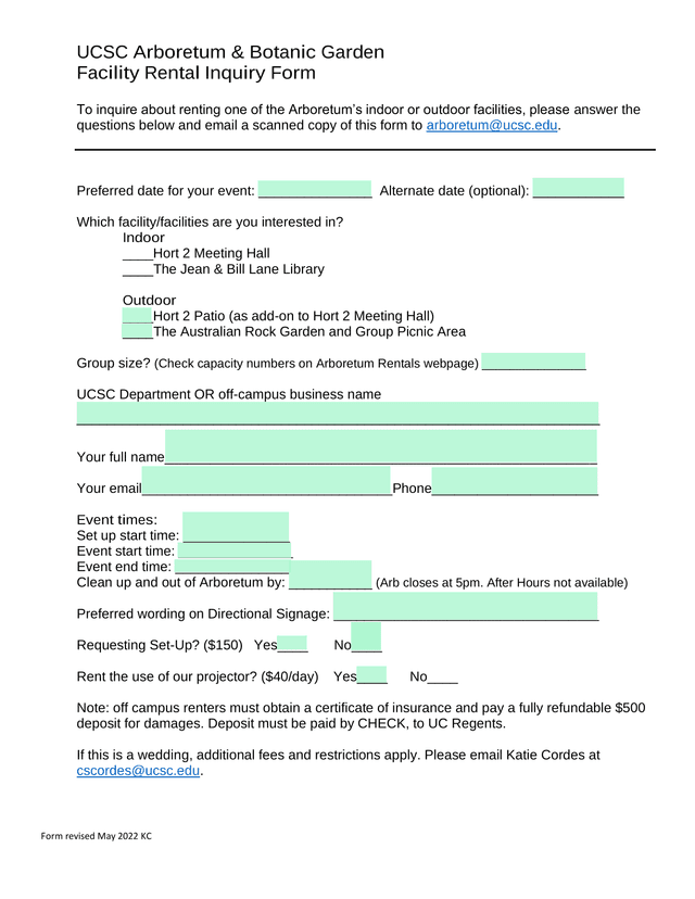 UCSC Arboretum  Botanic Garden Facility Rental Inquiry Form screenshot
