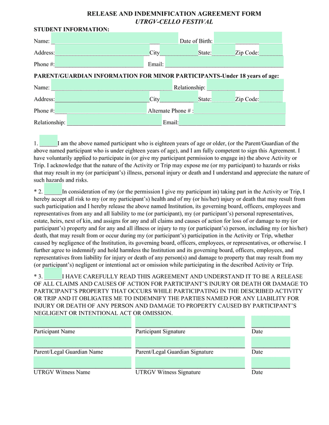 RELEASE AND INDEMNIFICATION AGREEMENT FORM   UTRGV CELLO FESTIVAL screenshot