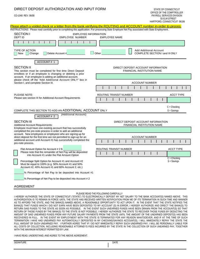 DIRECT DEPOSIT AUTHORIZATION AND INPUT FORM screenshot