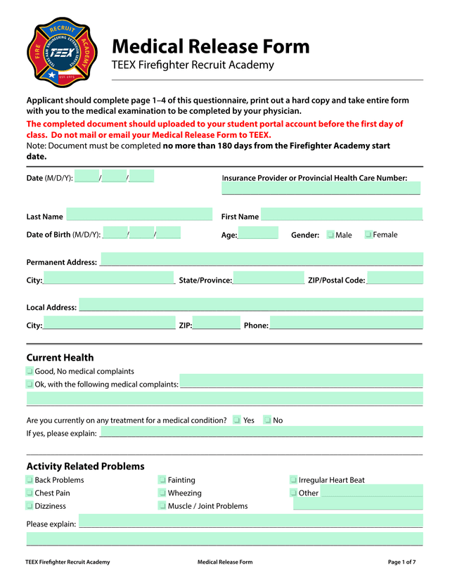 TEEX Firefighter Recruit Academy Medical Release Form screenshot