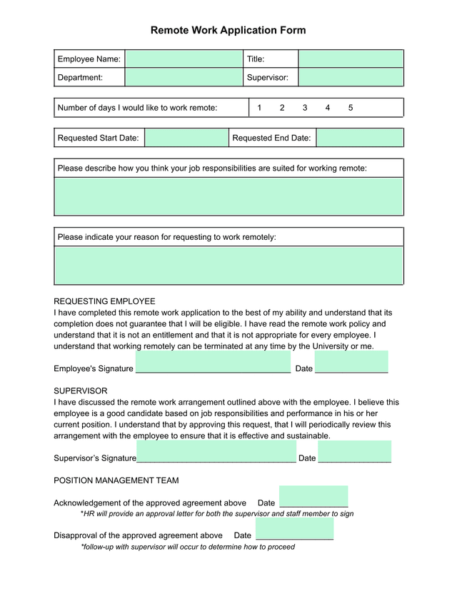 Remote Work Application Form screenshot