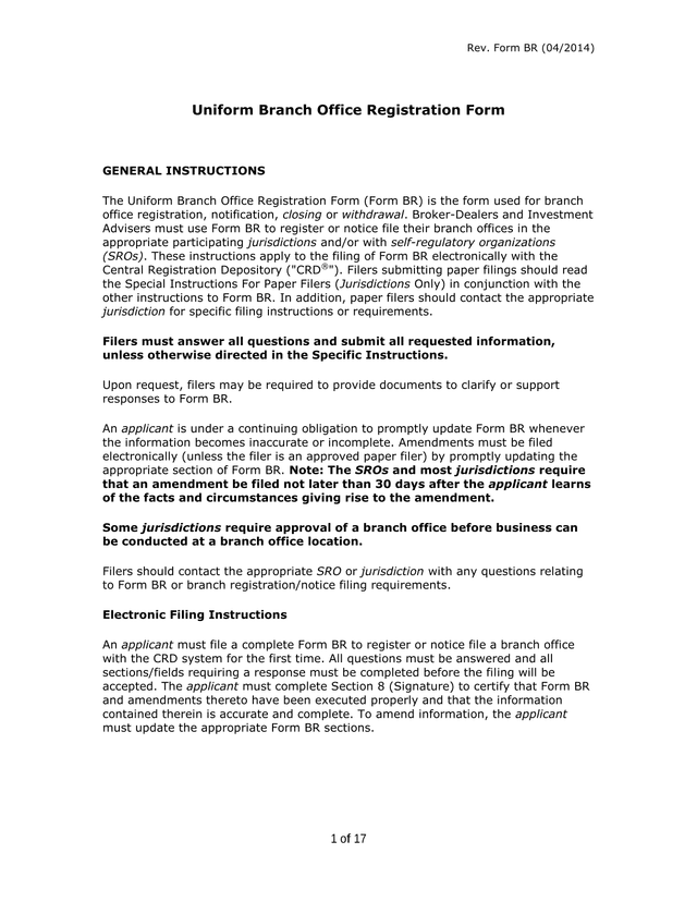 Uniform Branch Office Registration Form screenshot