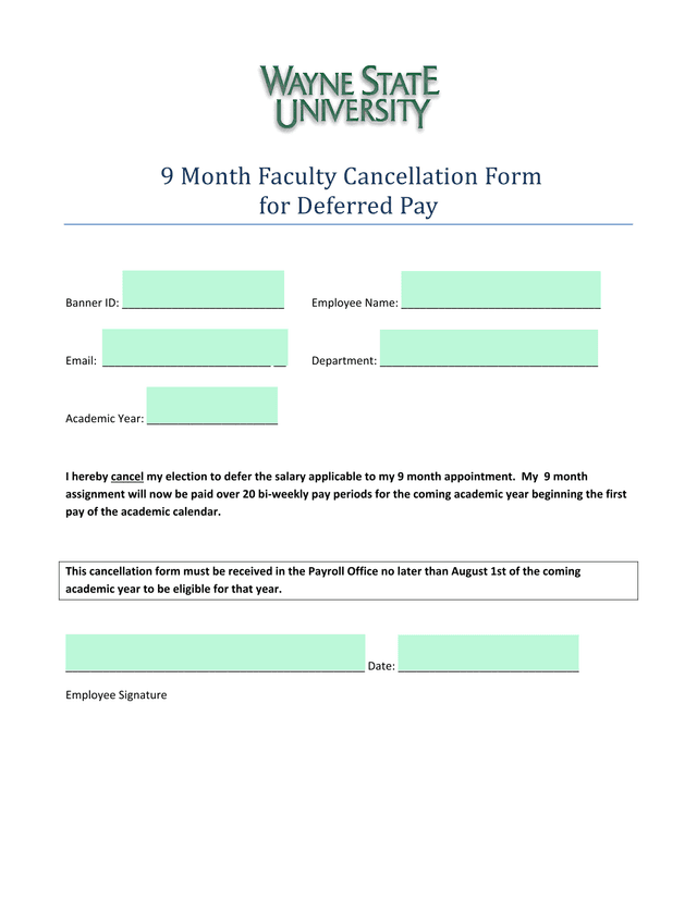 9 Month Faculty Cancellation Form For Deferred Pay screenshot