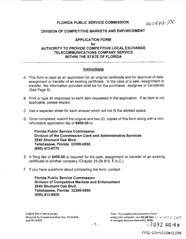 Application Form For Authority To Provide Competitive Local Exchange Telecommunications Company Serv screenshot