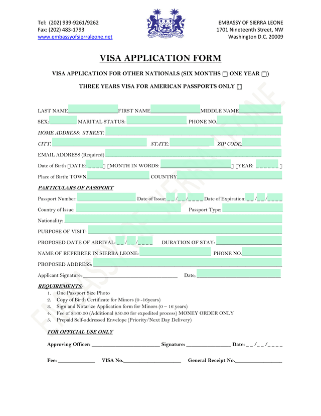 VISA APPLICATION FORM screenshot