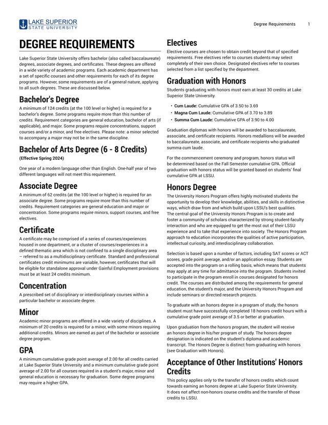 Degree Requirements screenshot