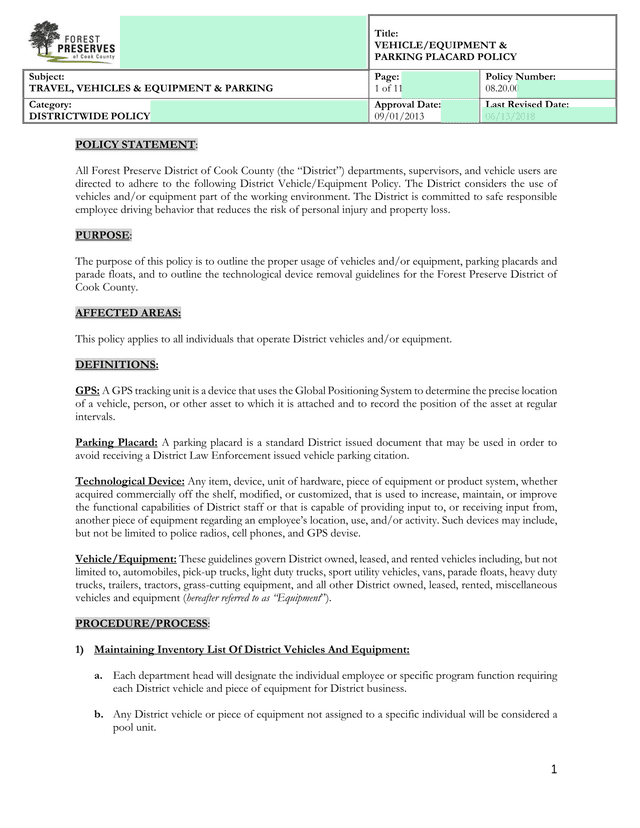 VEHICLEEQUIPMENT  PARKING PLACARD POLICY screenshot