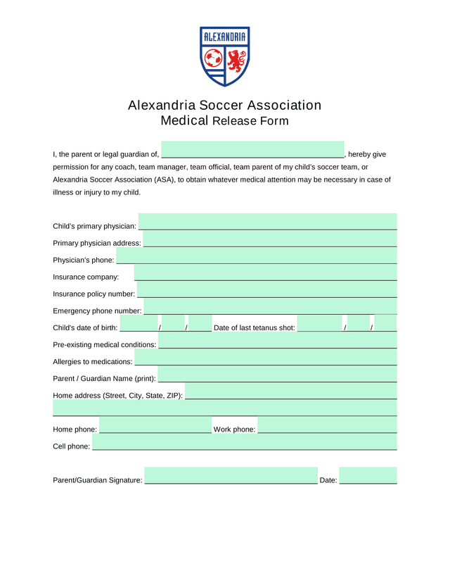 Alexandria Soccer Association Medical Release Form screenshot