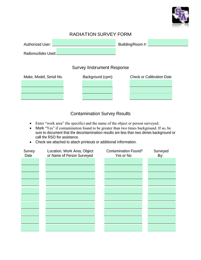 RADIATION SURVEY FORM screenshot