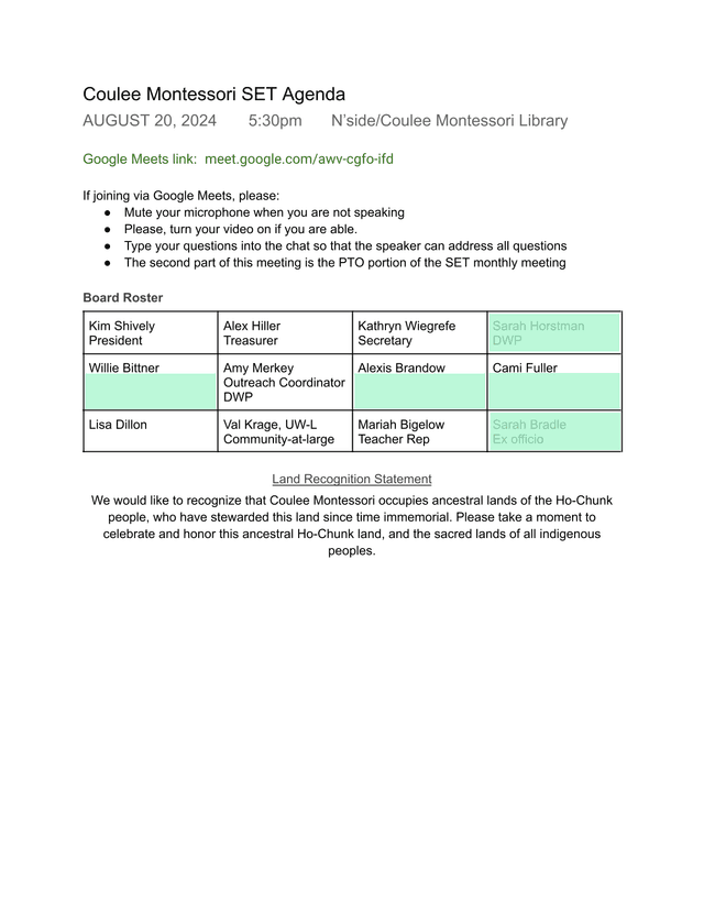 Coulee Montessori SET Agenda screenshot