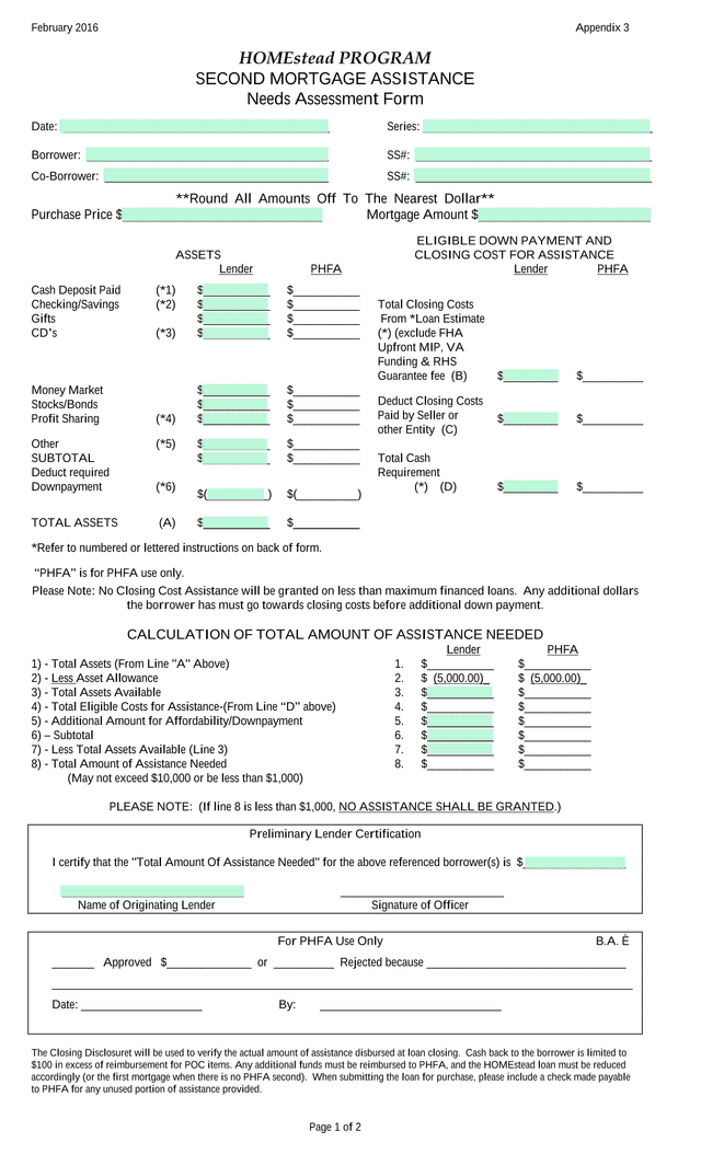 HOMEstead PROGRAM SECOND MORTGAGE ASSISTANCE Needs Assessment Form screenshot