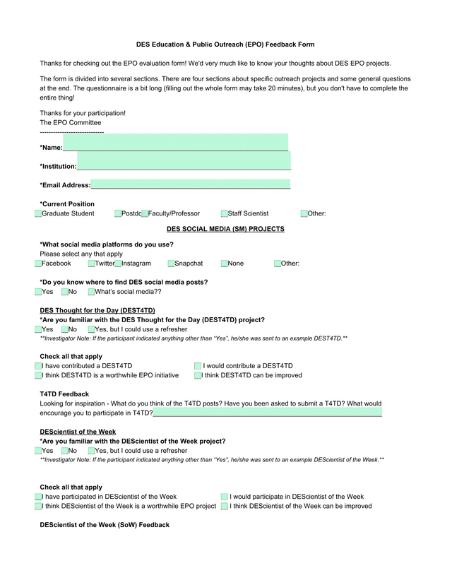 DES Education  Public Outreach (EPO) Feedback Form screenshot