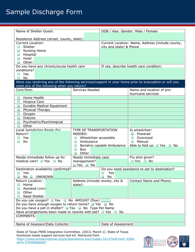 Sample Discharge Form screenshot