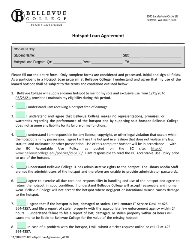 Hotspot Loan Agreement screenshot