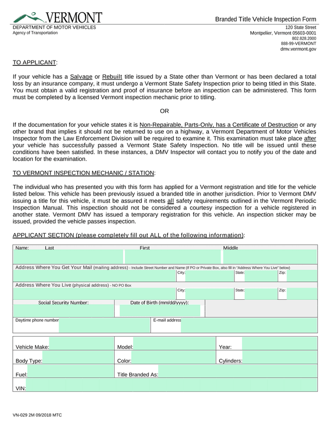 Branded Title Vehicle Inspection Form screenshot