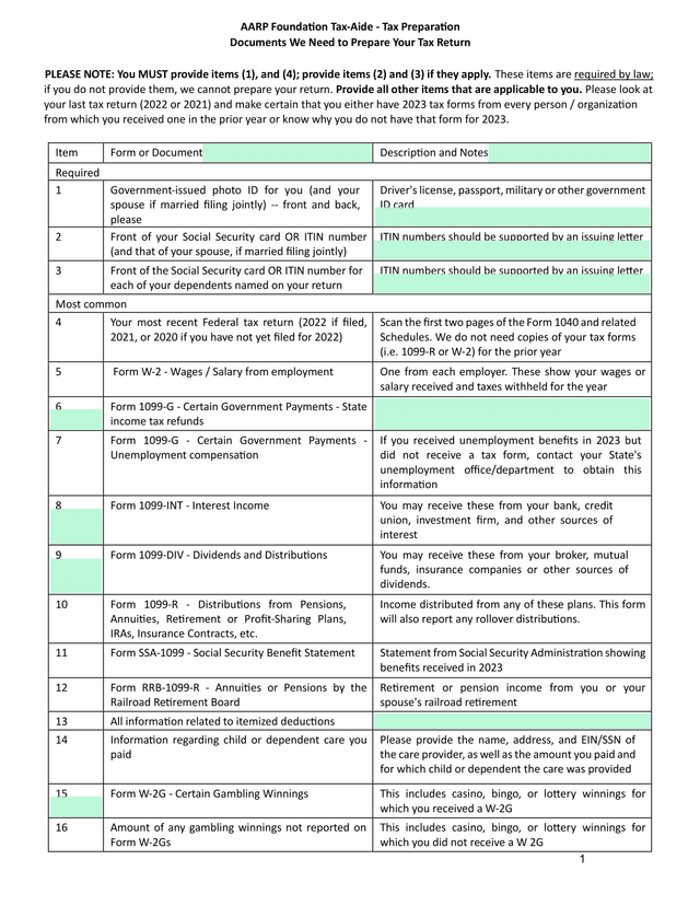 AARP Foundation Tax Aide   Tax Preparation Documents We Need To Prepare Your Tax Return screenshot