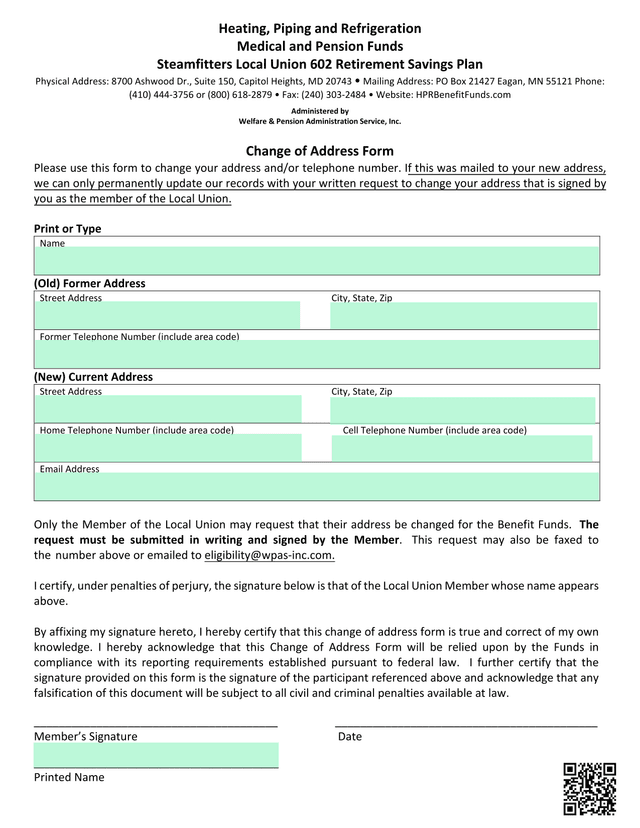 Change Of Address Form screenshot