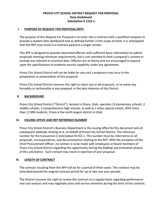 Provo City School District Request For Proposal Data Dashboard screenshot