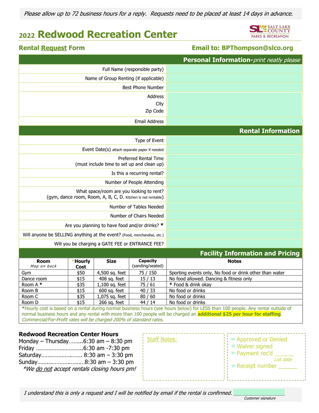 2022 Redwood Recreation Center Rental Request Form screenshot