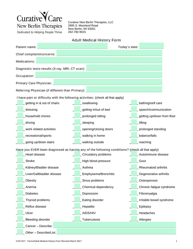 Adult Medical History Form screenshot
