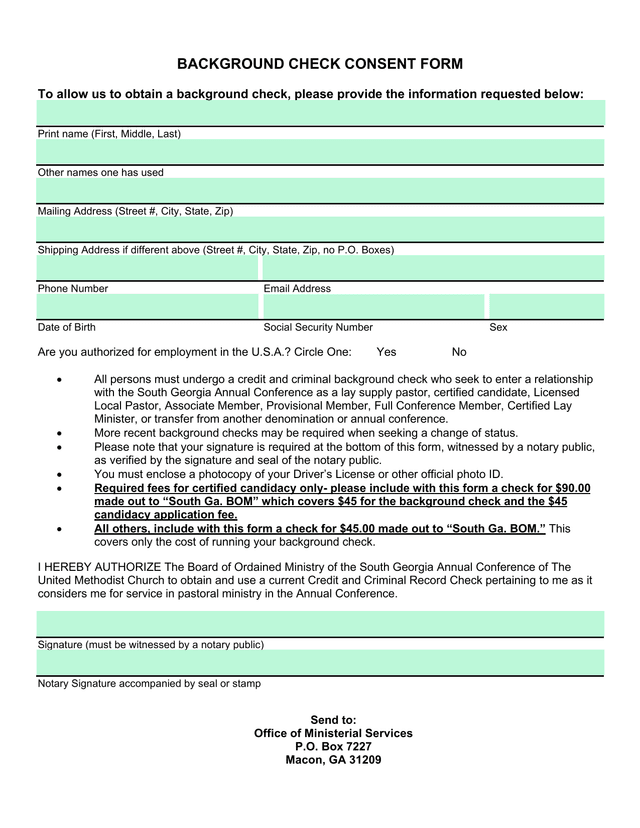 Background Check Consent Form screenshot