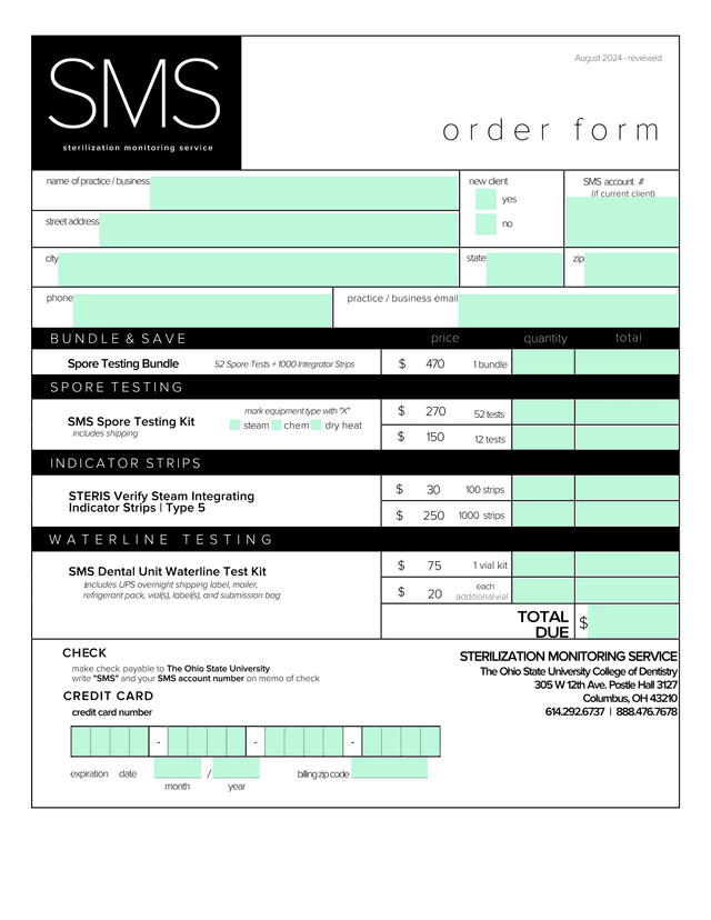 SMS Spore Testing Order Form screenshot