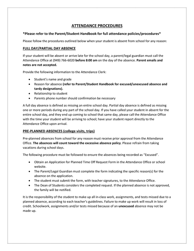 Attendance Procedures screenshot