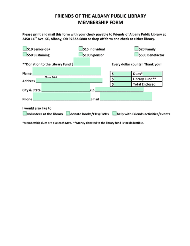 Friends Of The Albany Public Library Membership Form screenshot